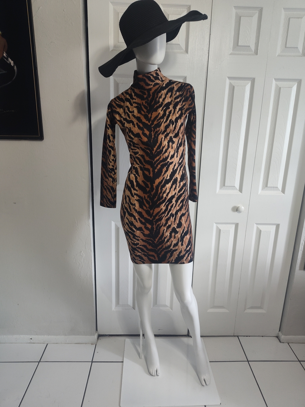 American Apparel Tiger-Print Mock Neck Mini Dress - Black & Brown